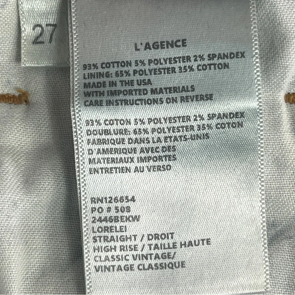 L'Agence Lorelei High Rise Straight Classic Vintage Jeans Size 27